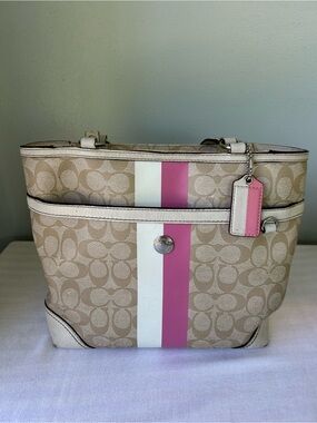 Coach Beige Signature Canvas Tote with Pink & White Stripe